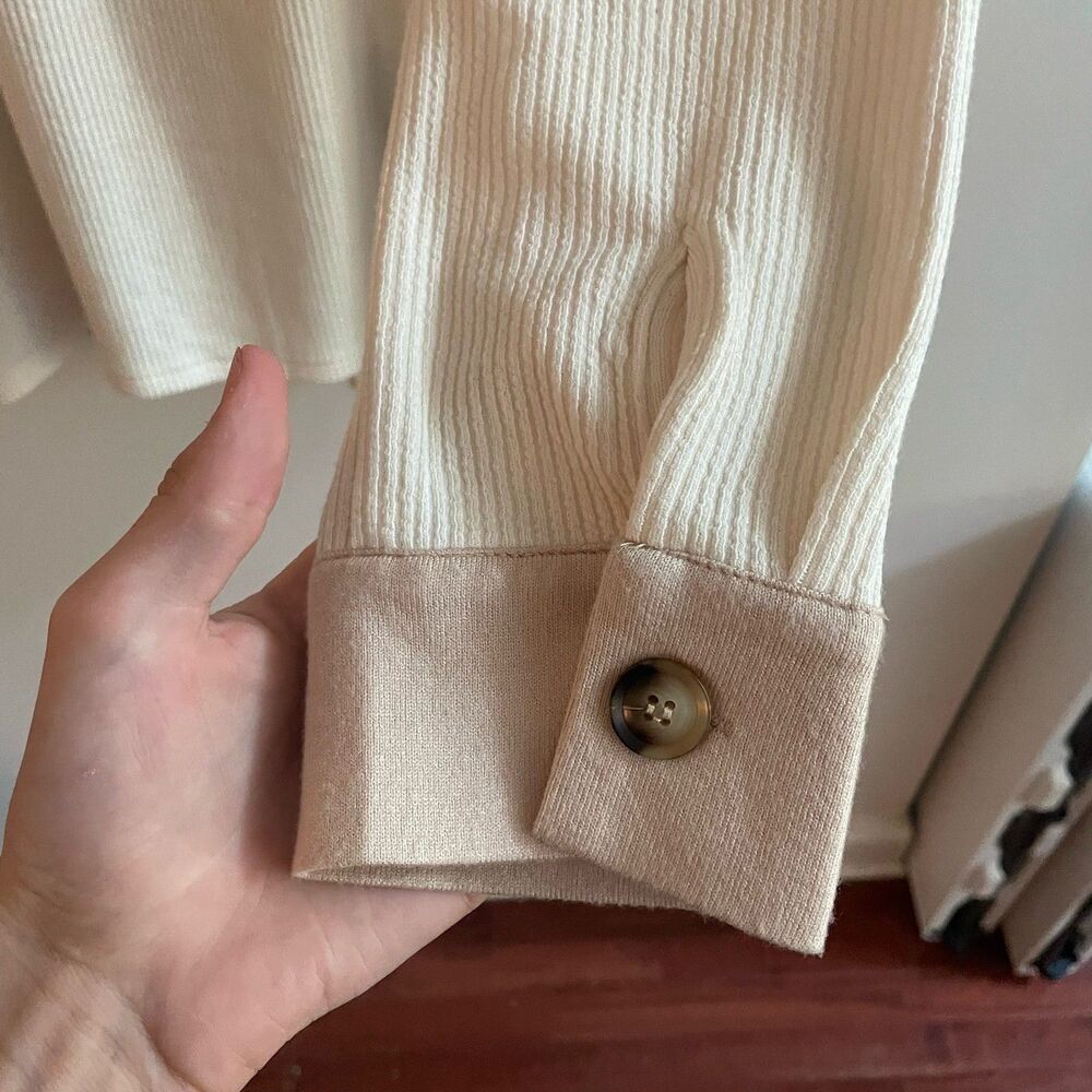 Hem & Thread Large Cream Ribbed Button Down Shacket Womens Long Sleeve Boho - Picture 5 of 15